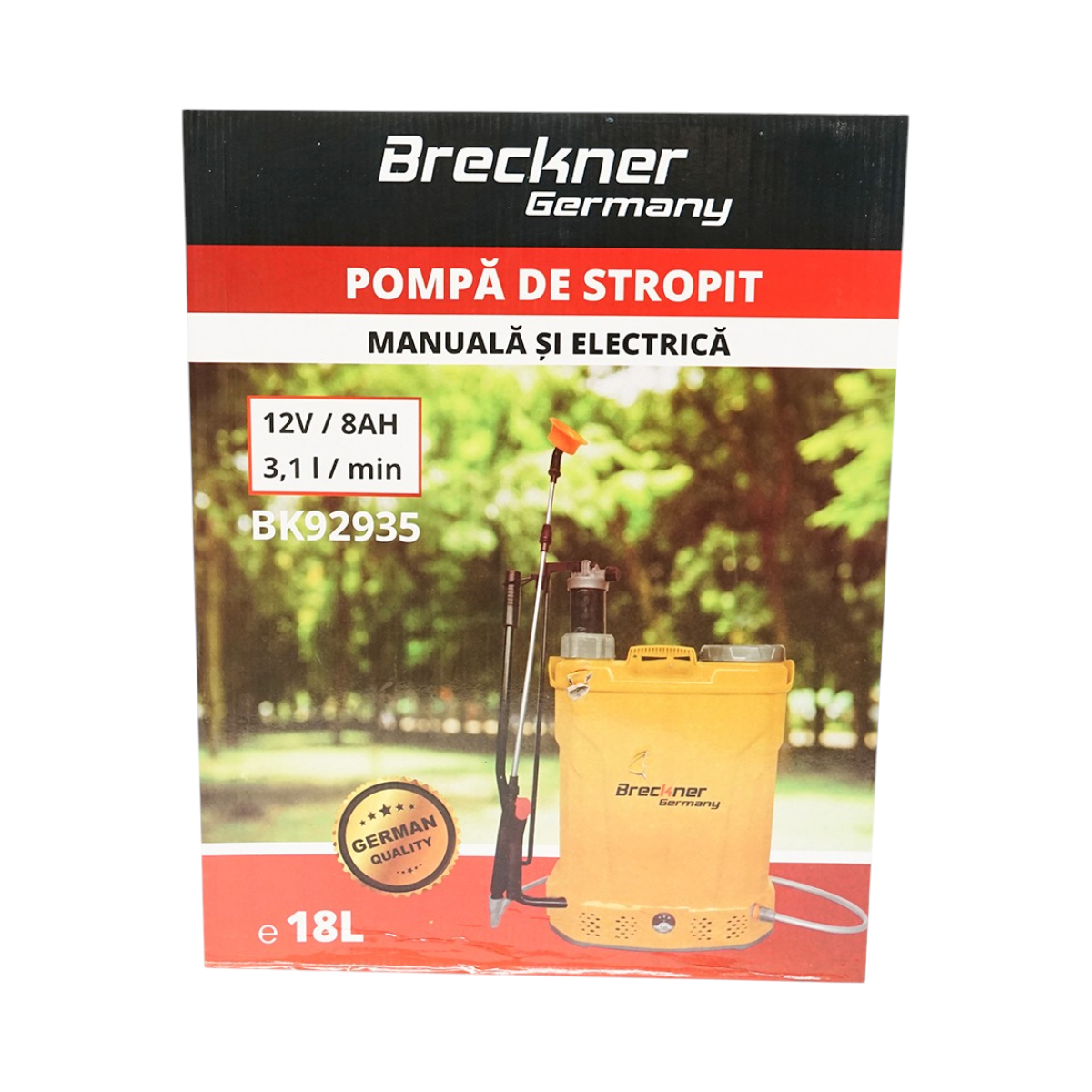 Háti permetező, 2 az 1-ben kézi és elektromos, Vermorel permetező, 18 literes tartály, 12V 8Ah akkumulátor, 3,1 l/perc áramlási sebesség Breckner Germany