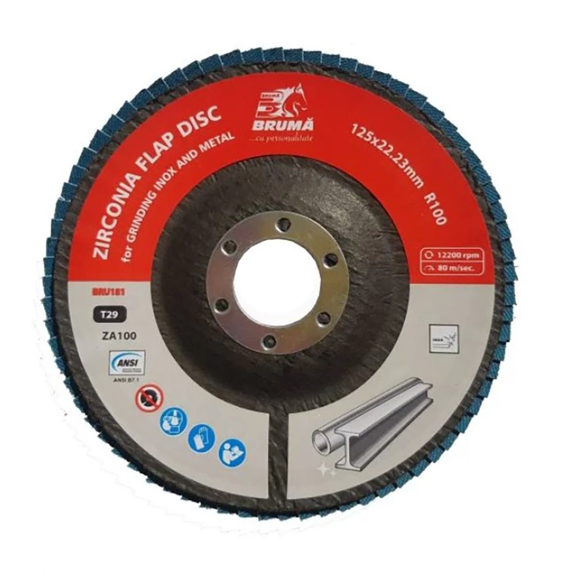 T29 R100 cirkónium-dioxid csiszolókorong, 125x22,23mm, fém és rozsdamentes acél csiszolásához/polírozásához.