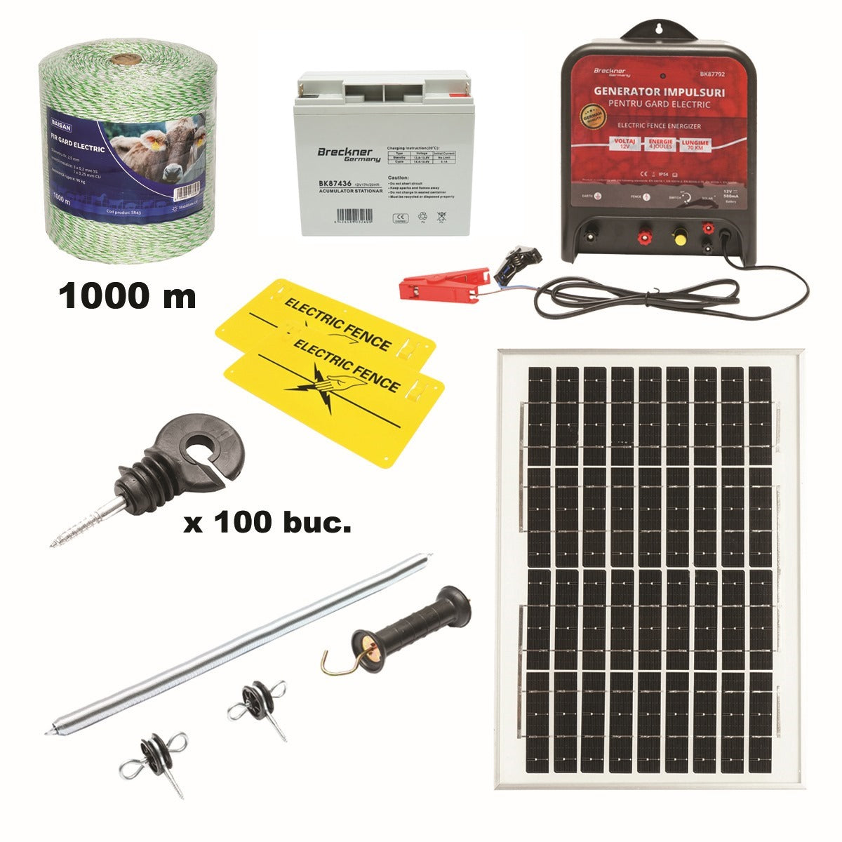 Teljes elektromos kerítés készlet 12V. 14 Joule 20W-os napelemmel, 1000m huzalhosszal, 100 szigetelővel, fogantyúval, kapuval és 2 Breckner Germany figyelmeztető táblával.