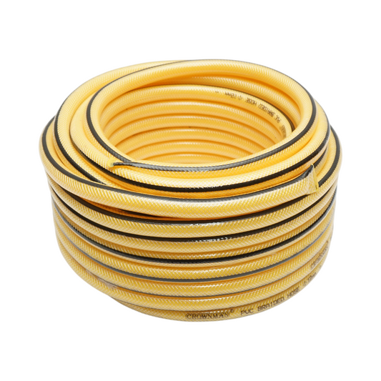 Crownman 22,5 méteres, 1/2 hüvelykes, fonott PVC kerti slagszett állítható szórófejjel, csatlakozókkal és 3/4-1/2 hüvelykes Crownman csapadapterrel.