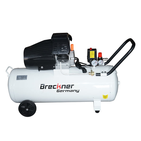 100 literes légkompresszor, 1,5 kW/2 LE V-twin motor, maximális nyomás 8 bar, levegőbeömlési térfogat 360 l/perc Breckner Germany