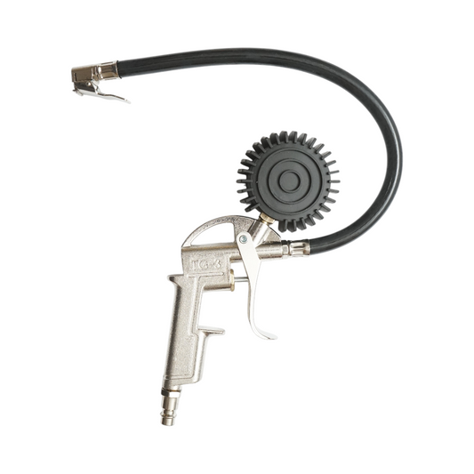 Gumiabroncs-felfújó pisztoly tömlővel és mechanikus nyomásmérővel 0-15 bar