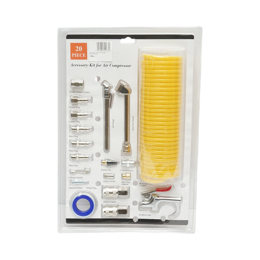 20 darabos légkompresszor tartozékkészlet spiráltömlővel, fúvópisztollyal, csatlakozókkal, fúvókákkal és univerzális gyorscsatlakozókkal.