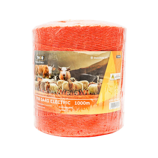 Narancssárga drót orsó 2.5mm be 2.5mm fém betét 3x0.15mm SS, ellenállás 7.4 Ohm/m, 1000m elektromos kerítés Thor