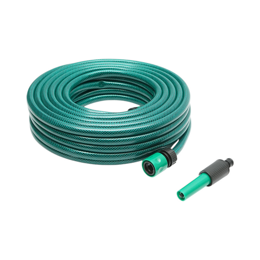 Kerti tömlő feltekercselő készlet 20m 1/2 hüvelykes fonott PVC kerti tömlő állítható szórófejjel, csatlakozókkal és 3/4-1/2 hüvelykes Breckner Germany csapadapterrel.