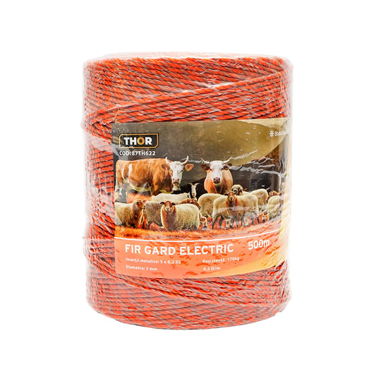 Narancssárga-barna drót orsó 3mm fém betét 5x0.2mm SS, ellenállás 4.5 Ohm/m, 500m elektromos kerítés Thor