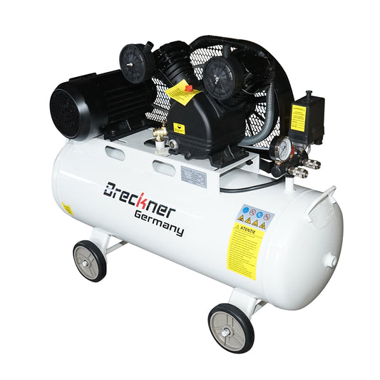 Övhajtású légkompresszor 100 l, 2 hengeres V-motor 3 LE, 2,2 kW/380 V, max. nyomás 8 bar, levegőbeömlési térfogat 273 l/perc Breckner Germany