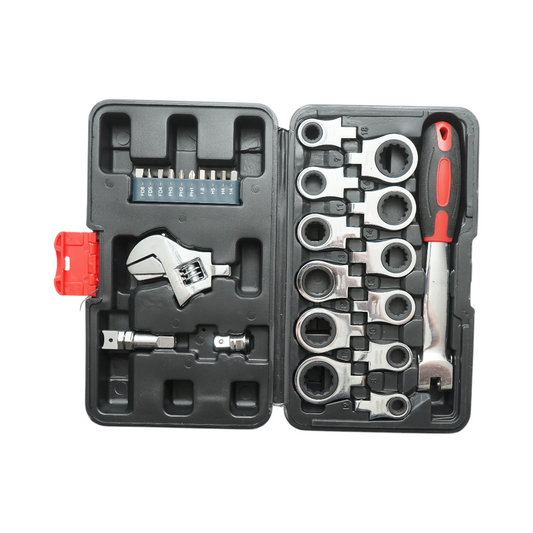 Gyűrűs kulcskészlet racsnival 8-19mm, állítható kulcs, hatlapfejes, egyenes, kereszt 26 db