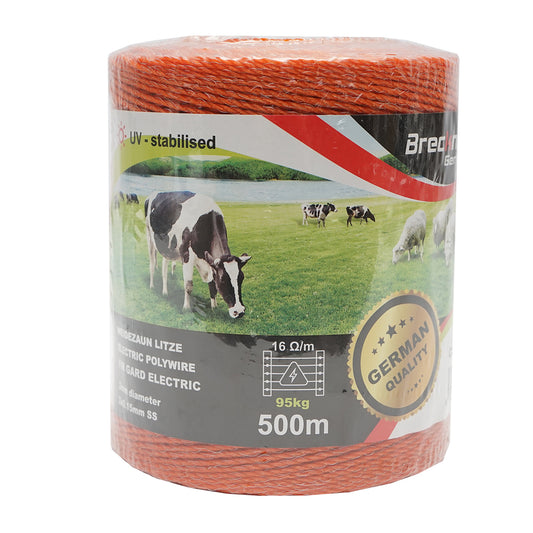 Narancssárga drót orsó legyen 2mm legyen 2mm fém betét 3x0.15mm SS, ellenállás 16 Ohm/m, 500m elektromos kerítés Breckner Germany