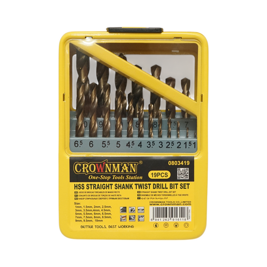 19 darabos HSS 1-10mm-es csavarfúró készlet HSS 1-10mm-es hengeres szárral fémhez Crownman