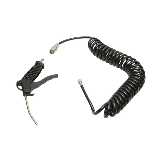 Sűrített levegős fúvóka 120 mm-es fúvókával, 5 m spiráltömlővel és 1/4"-os gyorscsatlakozóval.