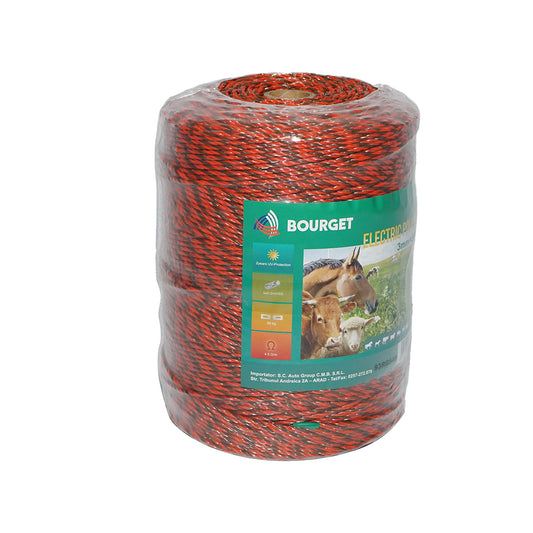 Narancssárga-fekete huzal tekercs 3mm 5x0.2mm SS, 500m elektromos kerítés, ellenállás 4.5 Ohm Bourget