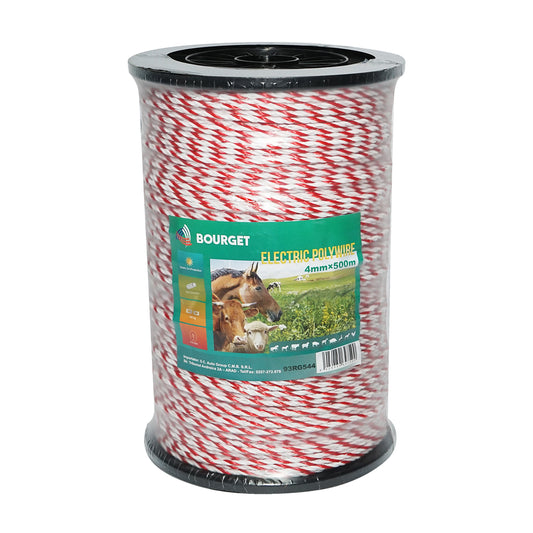 Fehér-piros drót 4mm 6x0.2mm SS, 500m elektromos kerítés, ellenállás 4.5 Ohm Bourget