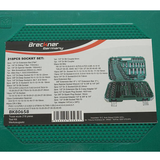 Csöves, hatszögletű, mély dugókulcs készlet 4-32mm, fix kulcsok 8-19mm, bitek, torx, hex, spline 218 db Breckner Germany