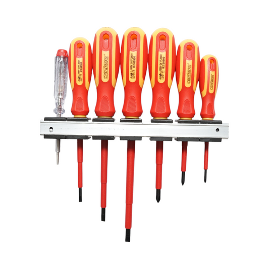 7 x 1000V szigetelt csavarhúzó készlet villanyszerelőknek, egyenes és kereszt mágneses hegyű Cr-V Crownman