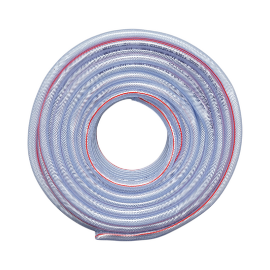 Átlátszó PVC kerti tömlő 1/2 inch (13mm), PN7 rúd fonott textilbetéttel, FDA tanúsítvánnyal élelmiszeripari felhasználásra 50m/tekercs