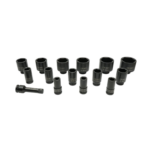 Breckner Germany Ütődugókulcs készlet, 17-65mm hosszú csőkulcsok, 125mm hosszabbító, 3/4 inch négyzet Cr-Mo 15 darab
