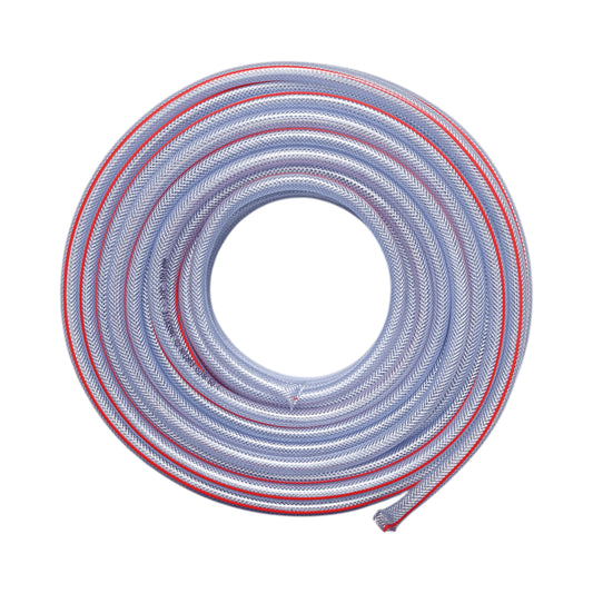 Átlátszó PVC kerti tömlő, slag, 3/8 inch (10mm), PN9 rúd, 10x14mm fonott textilbetéttel 50m/tekercs