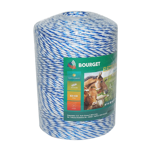 Fehér-kék drót 3mm 3x0.2mm SS, 500m elektromos kerítés, ellenállás 7.8 Ohm Bourget