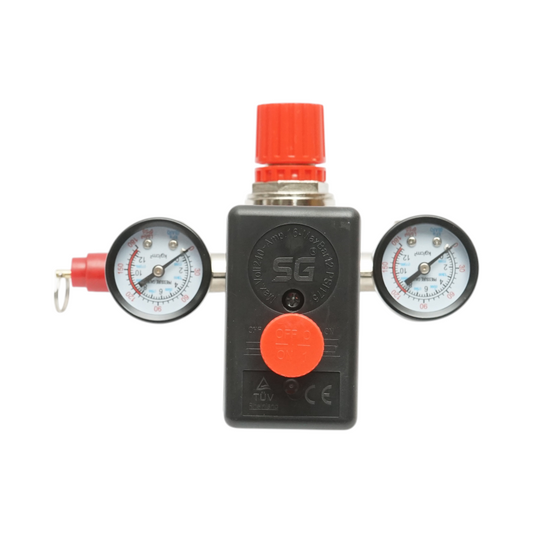 220 V-os légkompresszor nyomáskapcsoló, szabályozó 2 nyomásmérővel, 12 bar