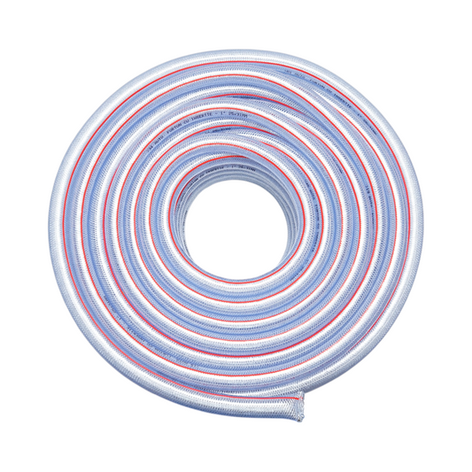 Átlátszó PVC kerti tömlő 1 inch (25mm), PN5 bar, 25x31mm fonott textilbetéttel 50m/tekercs INTENZÍV HASZNÁLAT