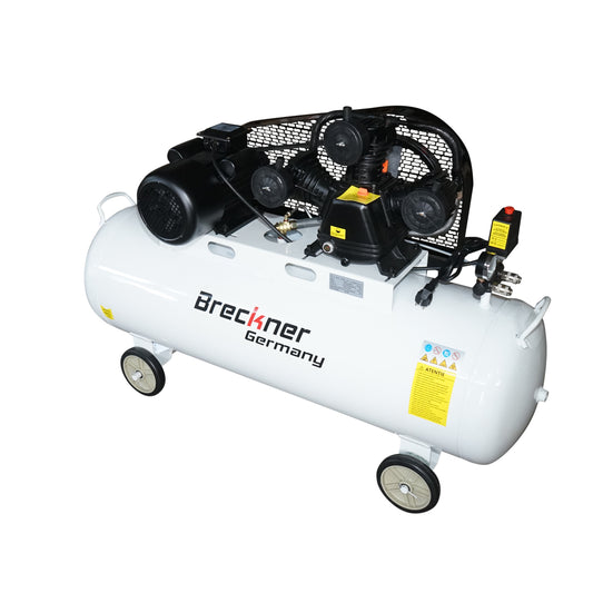 200 literes szíjhajtású légkompresszor, 3 hengeres 3 kW/4 LE motor, maximális nyomás 8 bar, levegőbeömlési térfogat 525 l/perc Breckner Germany