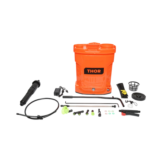 Permetezőszivattyú, vermorel 2 az 1-ben kézi és elektromos 16 literes tartállyal, 12V/8Ah akkumulátorral, 4 fúvókával, 3,1 l/perc áramlási sebességgel THOR