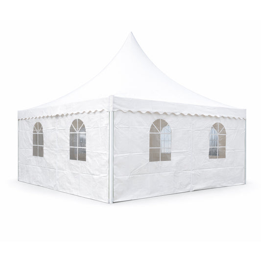 Pagoda típusú eseménysátor pavilon 5x5m, fehér UV-álló vízálló, PVC 750g/m2 tetőzet, acél-alumínium keret 48x48x2.5mm
