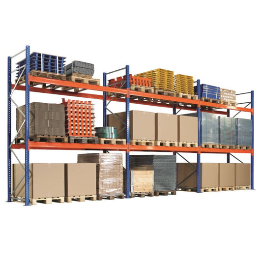 3 szintű raklapos tárolóállvány, 29,7 m hosszú, 1 m mély, 3,2 m magas, kapacitás 99 raklap (9x11)