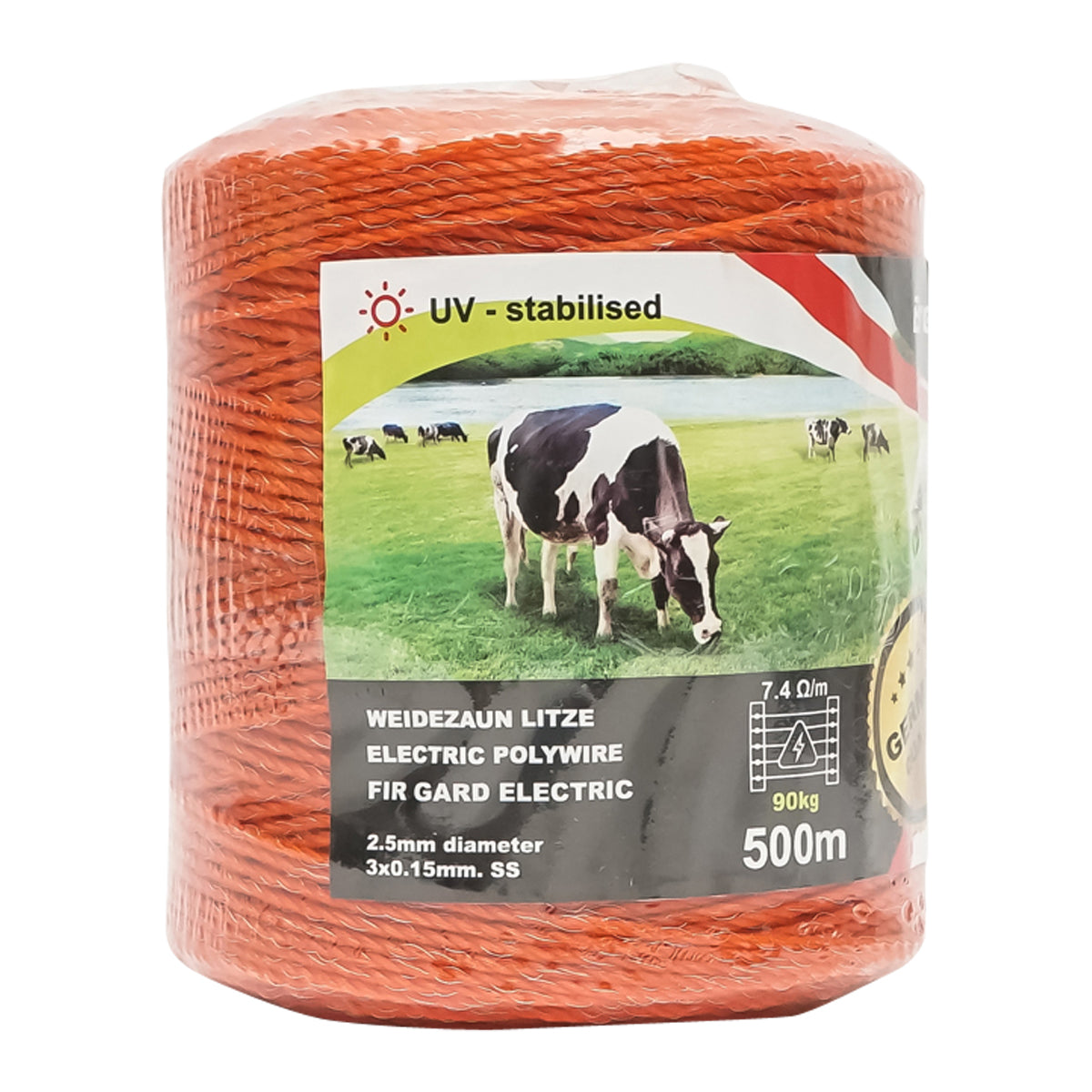 Narancssárga drót orsó fi 2,5 mm 3x0,15 mm SS, 7,4 Ohm/m, 500m elektromos kerítés Breckner Germany