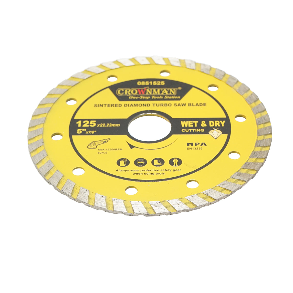 125x22,23mm turbó szinterezett gyémántkorong, max. fordulatszám 12200rpm, nedves/száraz vágás kő, csempe, kerámia, márvány Crownman
