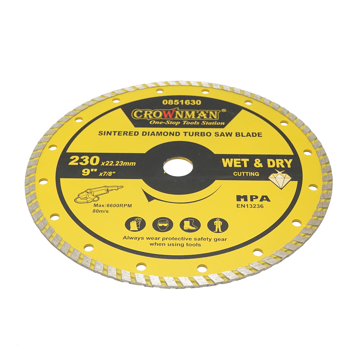 Turbó szinterezett gyémánttárcsa 230x22.23mm, max. fordulatszám 6600rpm, nedves/száraz vágás kő, csempe, kerámia, márvány Crownman