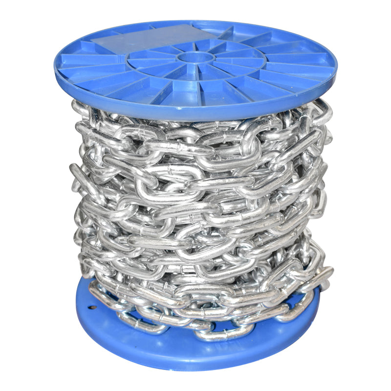 Galvanizált lánc 7.9x32.3x30mm DIN5685A 10m/tekercs műanyag dob