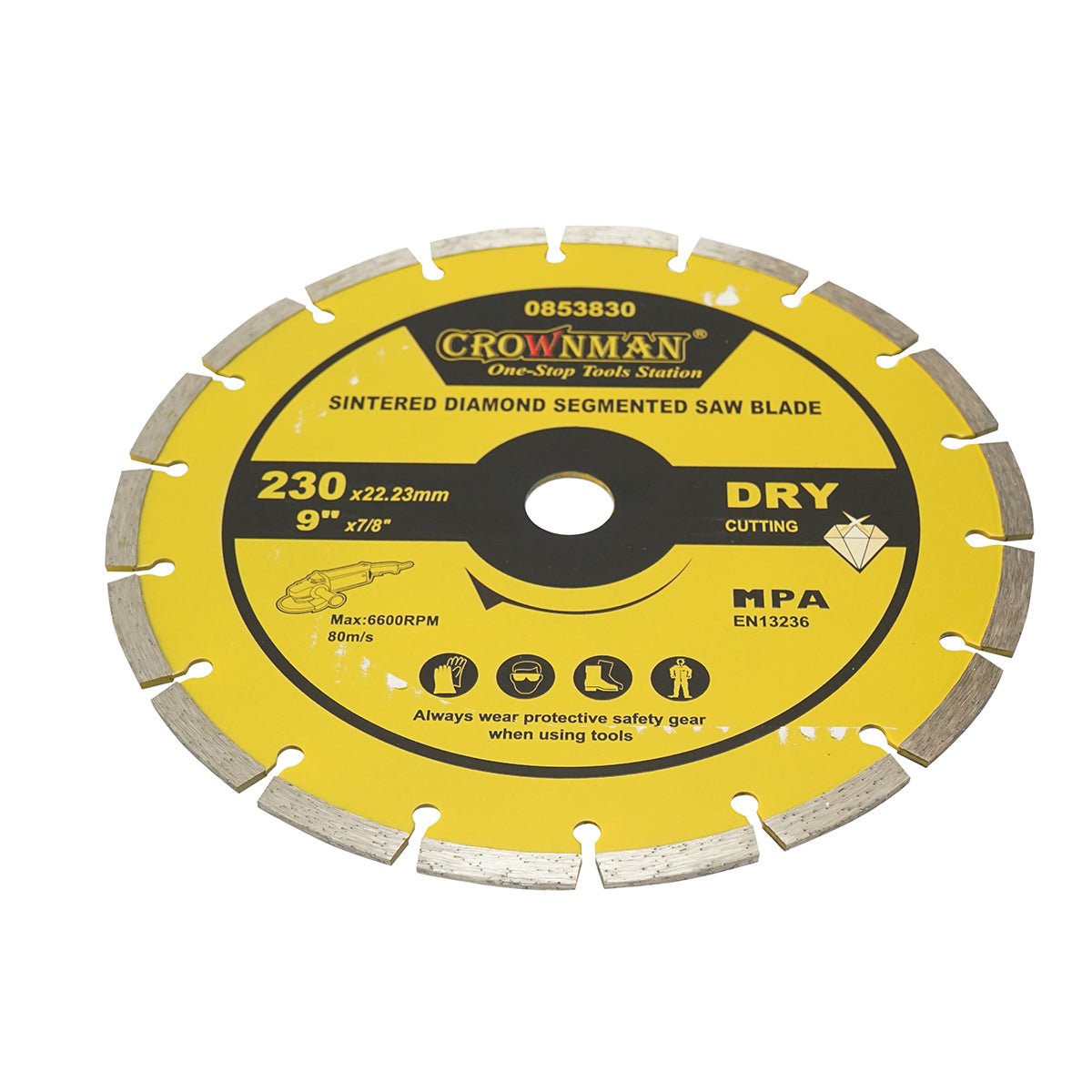 Gyémánt szegmentált szegmentált tárcsa 230x22.23mm, max. sebesség 6600rpm, száraz vágás betonhoz, kőhöz, gránithoz, márványhoz Crownman