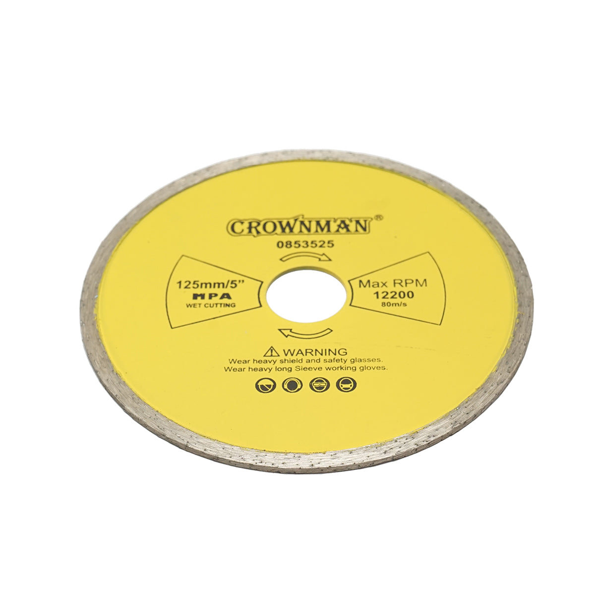 Folyamatos gyémánt vágótárcsa 125x22.23mm, max. fordulatszám 12200rpm, nedves vágás kőhöz, kerámia, gránit, homokkő, márvány Crownman