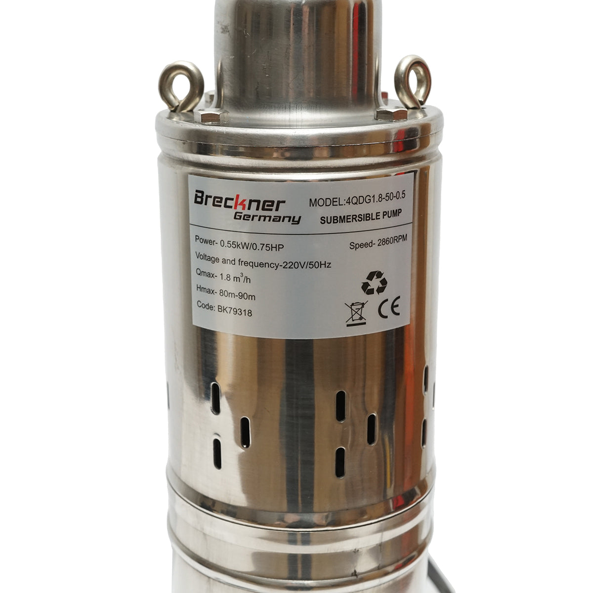 Merülő vízszivattyú 550W/0.75HP, 220V, D100mm, 30 l/min, 1.8 m3/h, H80-90m, 2860 rpm 4QDG1.8-50-50-50-0.5 Breckner Germany