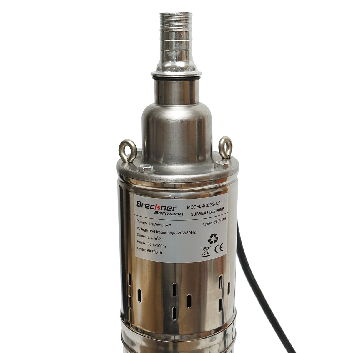 Merülő vízszivattyú 1100W/1,5HP, 220V, D100mm, 40 l/min, 2,4 m3/h, H90-100m, 2860 rpm 4QDG2-120-1.1 Breckner Germany