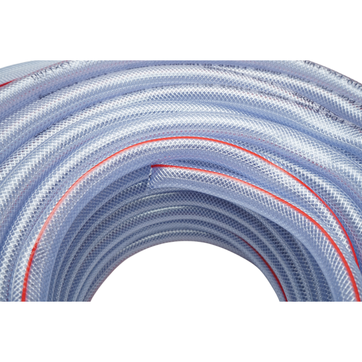 Átlátszó PVC kerti tömlő 1/2 inch (13mm), PN7 rúd fonott textilbetéttel, FDA tanúsítvánnyal élelmiszeripari felhasználásra 50m/tekercs