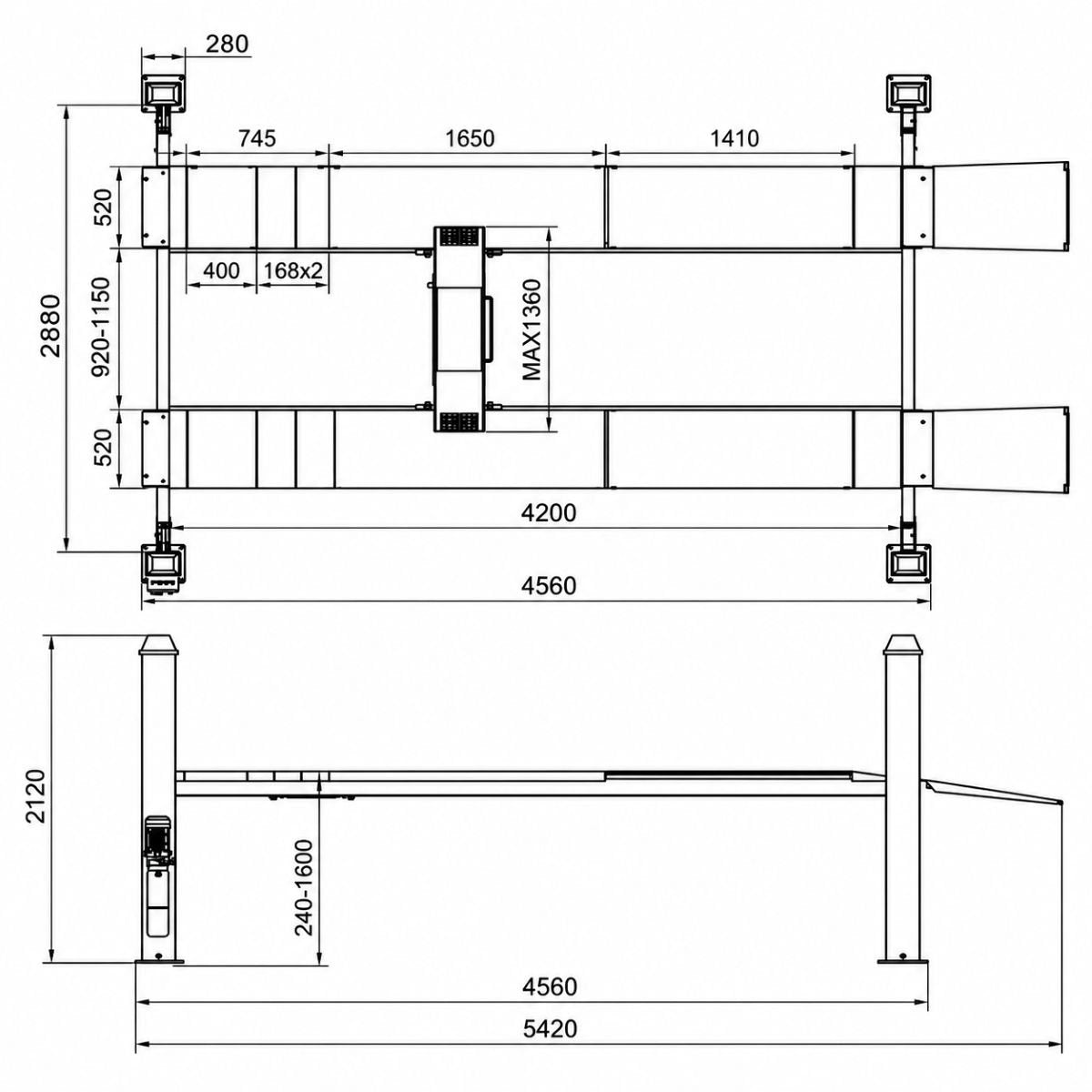 4 oszlopos autó emelő 380V, 2.2kW, 3500kg emelési kapacitás, 1600mm emelési magasság
