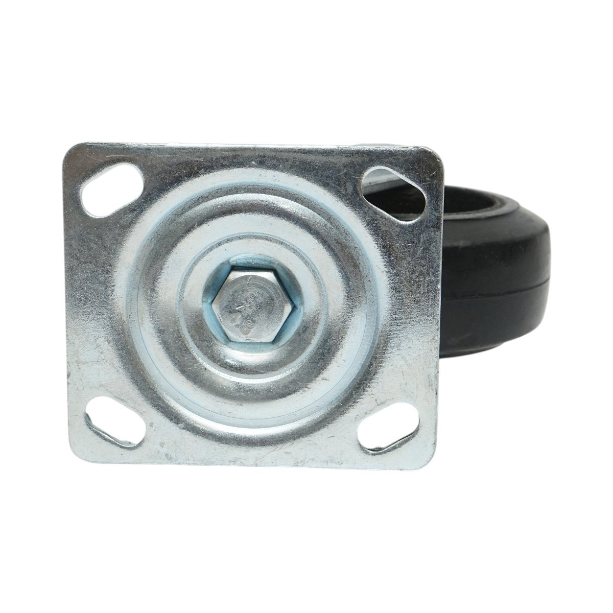 Ipari forgókerék 125x50mm fék nélkül, fekete tömör gumi, acél lemez 115x100mm 130kg