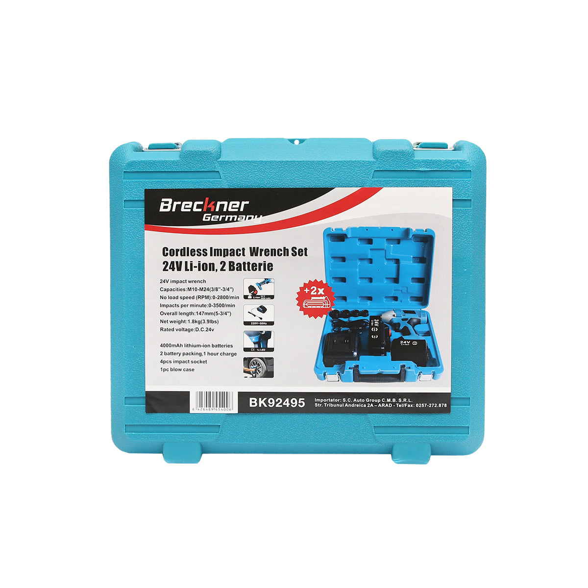 Ütvecsavarozó 1/2, DC 24V/4000mAh 350Nm 350Nm 2800rot/min és csőcsatlakozó 17, 19, 21, 23mm Breckner Germany