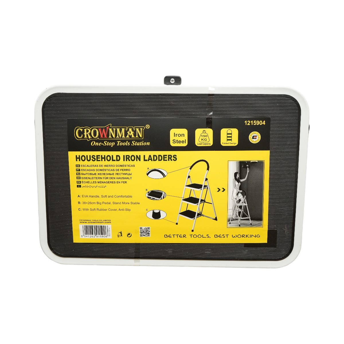 Összecsukható fém létra, 3 lépcsőfok, csúszásmentes gumi, magasság 127cm, maximális terhelés 150Kg Crownman