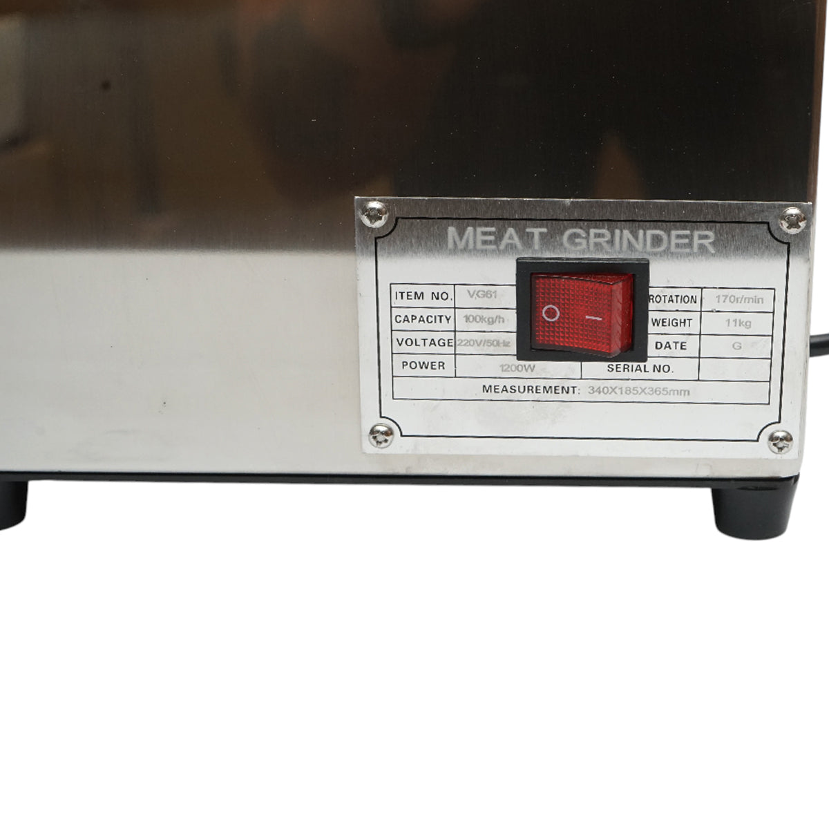 Elektromos húsdaráló rozsdamentes acél + alumínium 1200W, 220V, 100 kg/h kapacitás, kolbászadapter, 1 szita és 1 kés tartozékkal 340x185x365mm