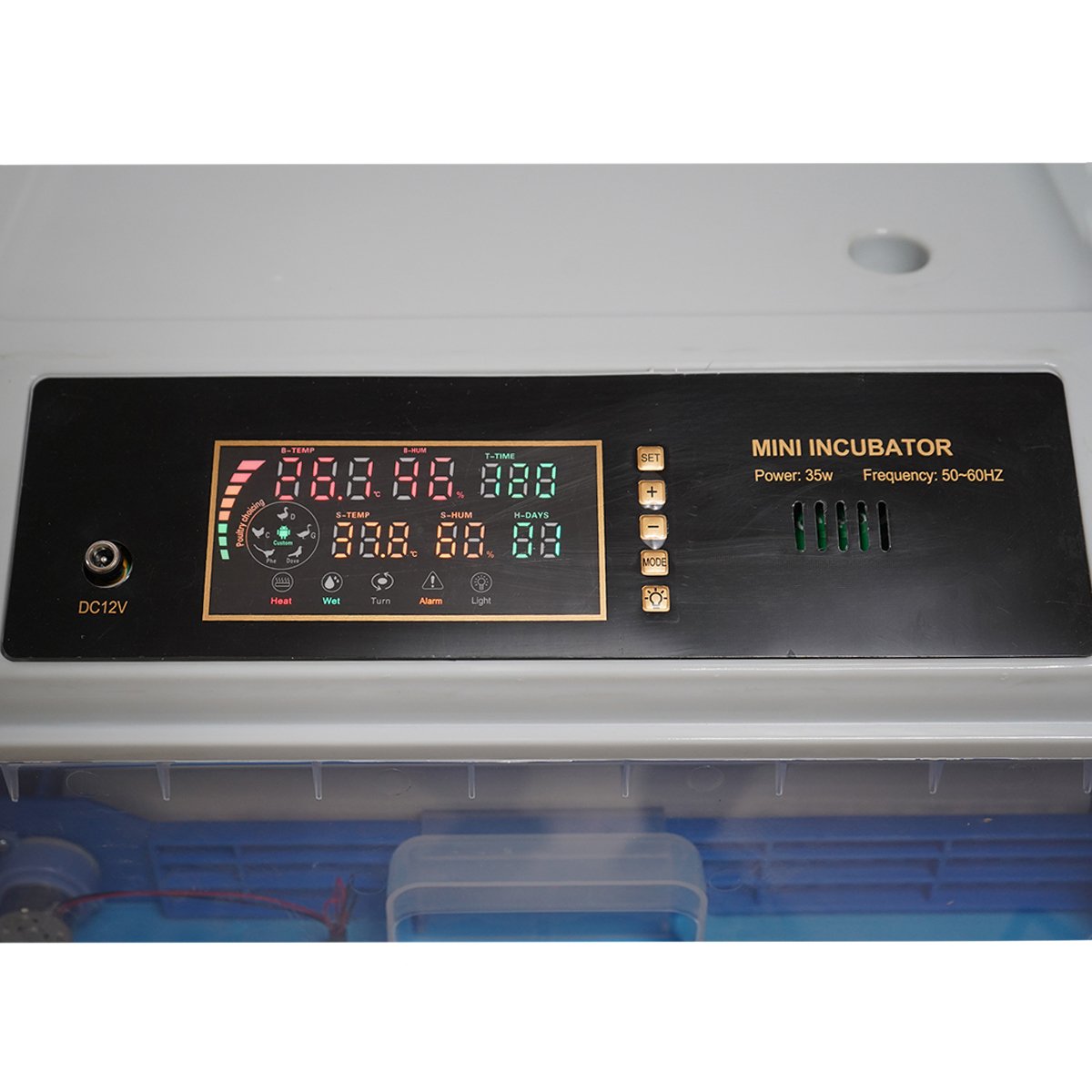 Automata tojásinkubátor, keltető gép 36 tojáshoz 35W, 12V-220V, automata forgatás, LED ovoszkóp, hőmérséklet-szabályozás, páratartalom-szabályozás, digitális kijelző, riasztás