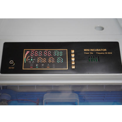 Automata tojásinkubátor, keltető gép 36 tojáshoz 35W, 12V-220V, automata forgatás, LED ovoszkóp, hőmérséklet-szabályozás, páratartalom-szabályozás, digitális kijelző, riasztás