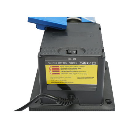 Elektromos kés élességítő gép 220V, 65W, 7000rpm, szög 15-50°, élességítési szélesség 6-51mm, fúrók 3-13mm, olló, vésők, gyalufák