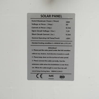2800LM, 6500K LED utcai lámpa 50W-os napelemmel, 45Ah LiFePO4 akkumulátorral, távirányítóval, IP65 oszlopra szerelhető