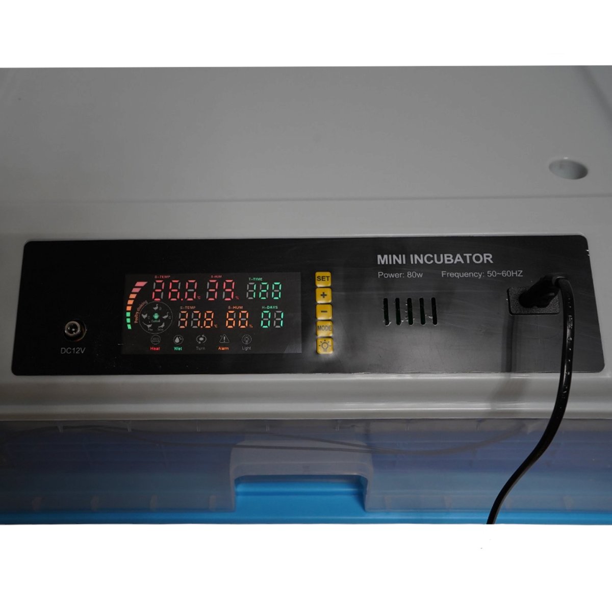 Automata tojásinkubátor, keltető gép 100 tojáshoz 80W, 12V-220V, automata forgatás, LED ovoszkóp, hőmérséklet-szabályozás, páratartalom-szabályozás, digitális kijelző, riasztás