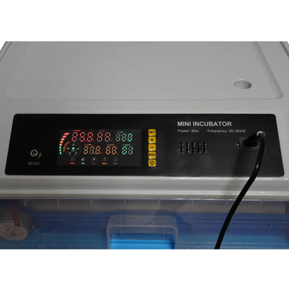 Automata tojásinkubátor, keltető gép 128 tojás 80W, 12V-220V, automata forgatás, LED ovoszkóp, hőmérséklet-szabályozás, páratartalom, digitális kijelző, riasztás