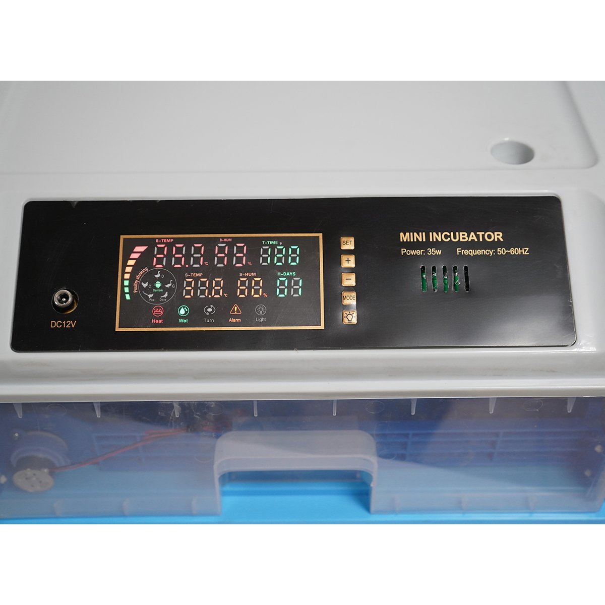 Automata tojásinkubátor, keltető gép 24 tojáshoz 35W, 12V-220V, automata forgatás, LED ovoszkóp, hőmérséklet-szabályozás, páratartalom-szabályozás, digitális kijelző, riasztás